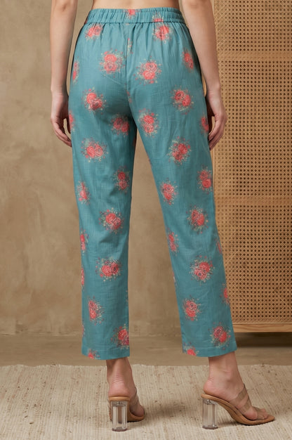 Teal Floral Printed Straight Fit Pants