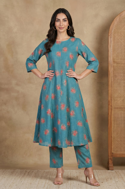 Teal Floral Printed Straight Fit Pants
