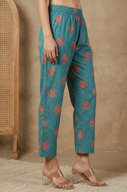 Teal Floral Printed Straight Fit Pants