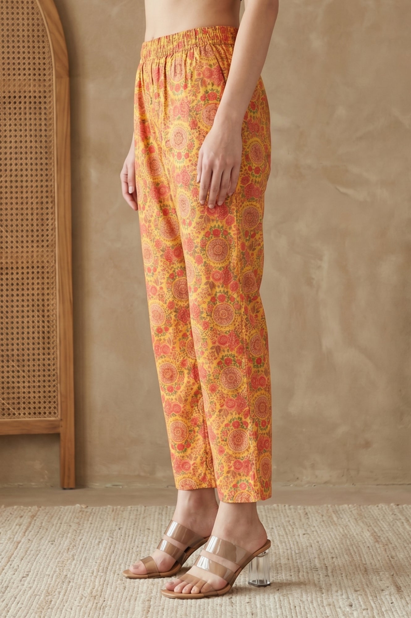 Yellow Floral Printed Straight Fit Pants
