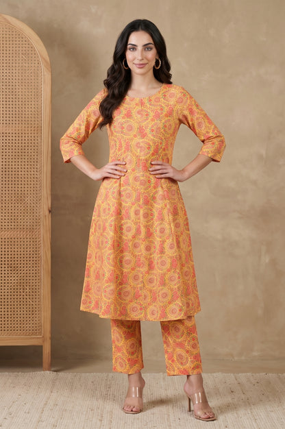 Yellow Floral Printed Straight Fit Pants