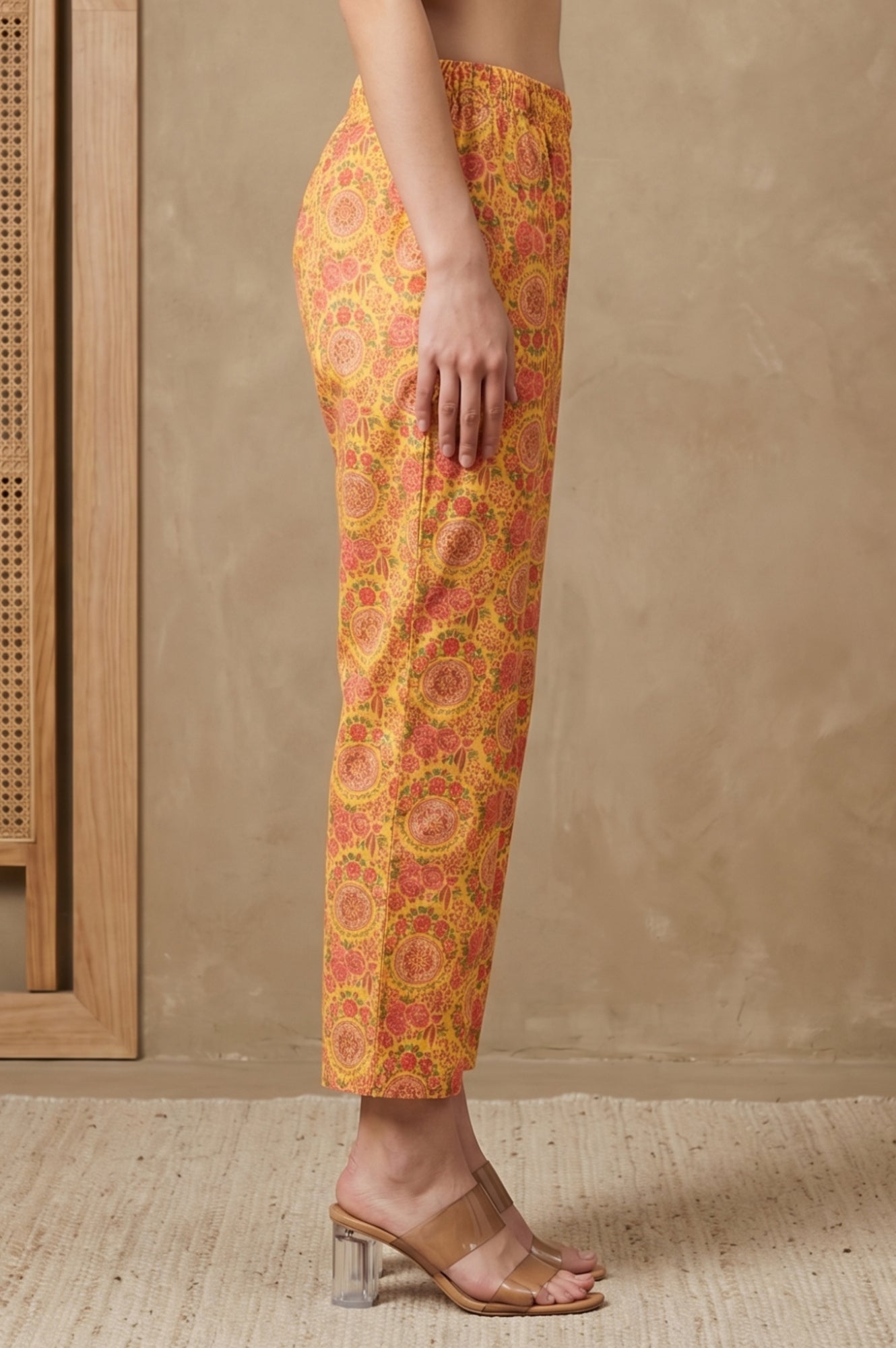 Yellow Floral Printed Straight Fit Pants