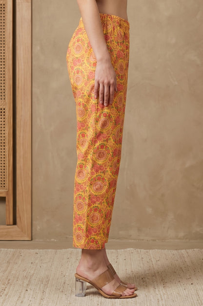Yellow Floral Printed Straight Fit Pants