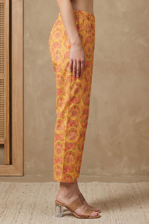 Yellow Floral Printed Straight Fit Pants