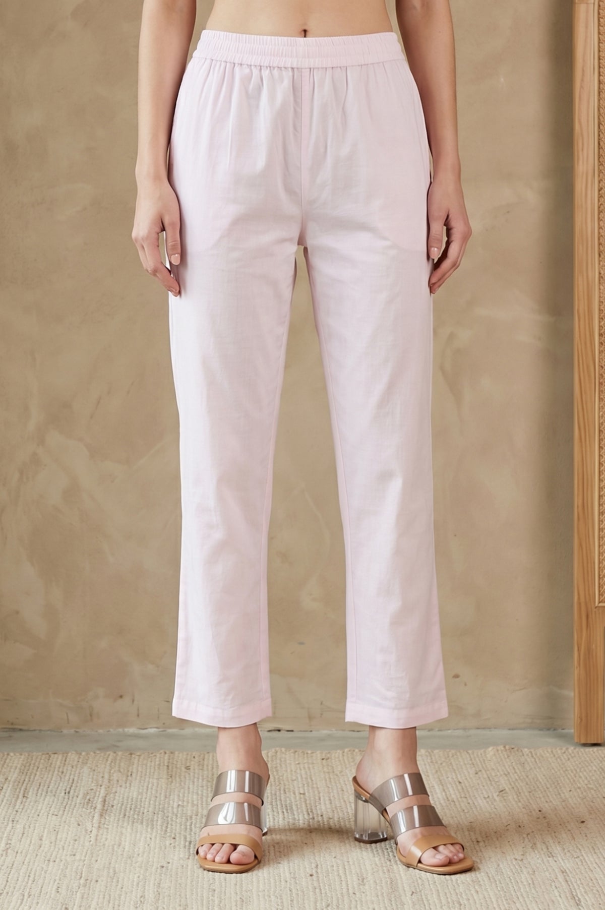 Light Pink Solid Pure Cotton Straight Fit Pants - XS