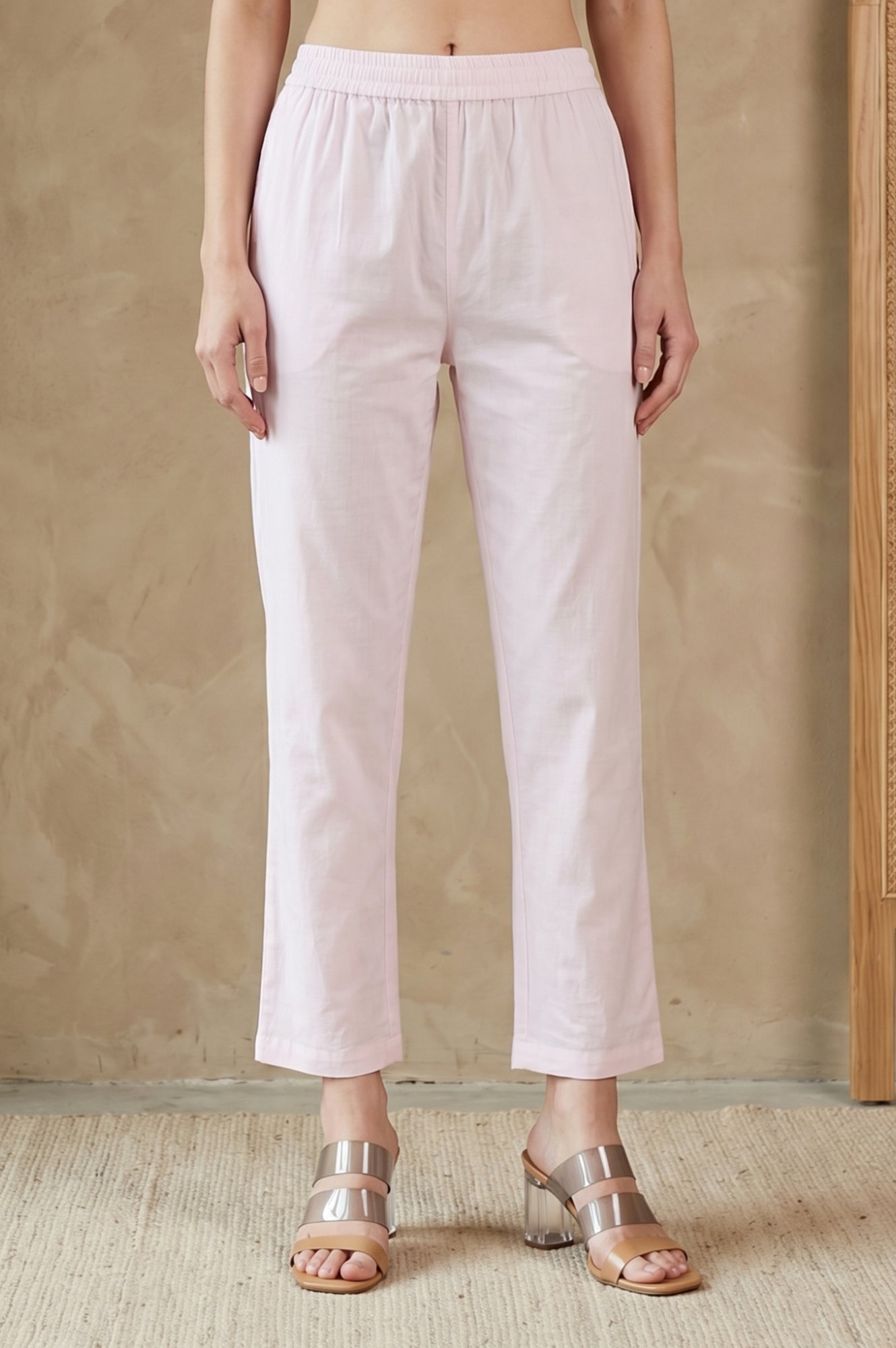 Light Pink Solid Pure Cotton Straight Fit Pants