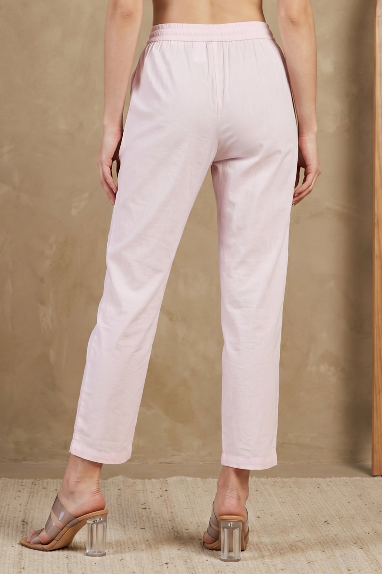 Light Pink Solid Pure Cotton Straight Fit Pants