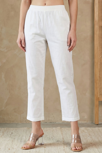 White Solid Pure Cotton Straight Fit Pants