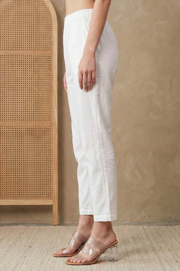 White Solid Pure Cotton Straight Fit Pants