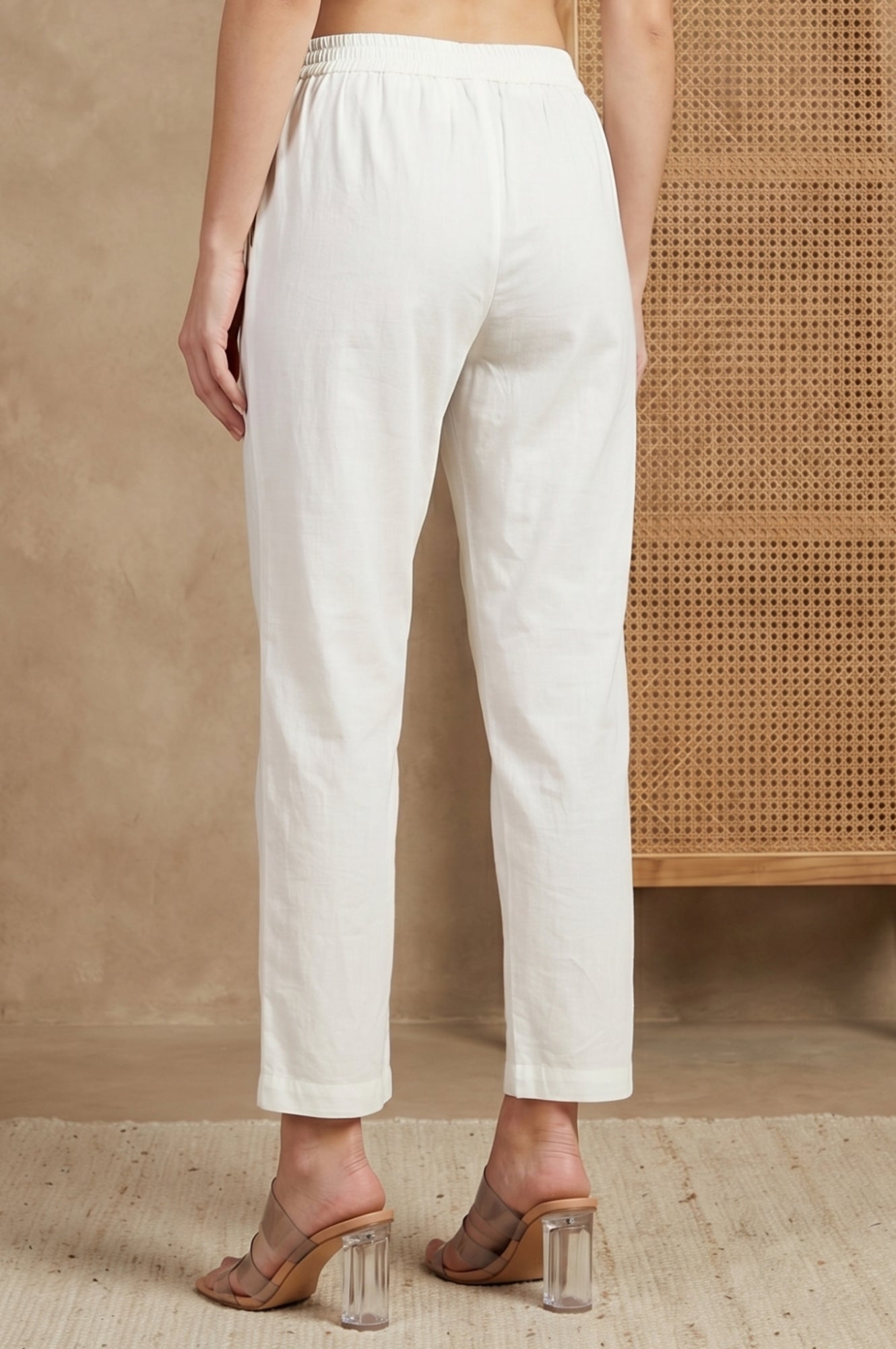 Off White Solid Pure Cotton Straight Fit Pants