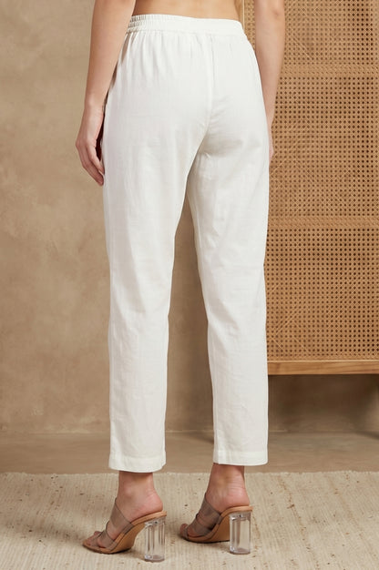 Off White Solid Pure Cotton Straight Fit Pants