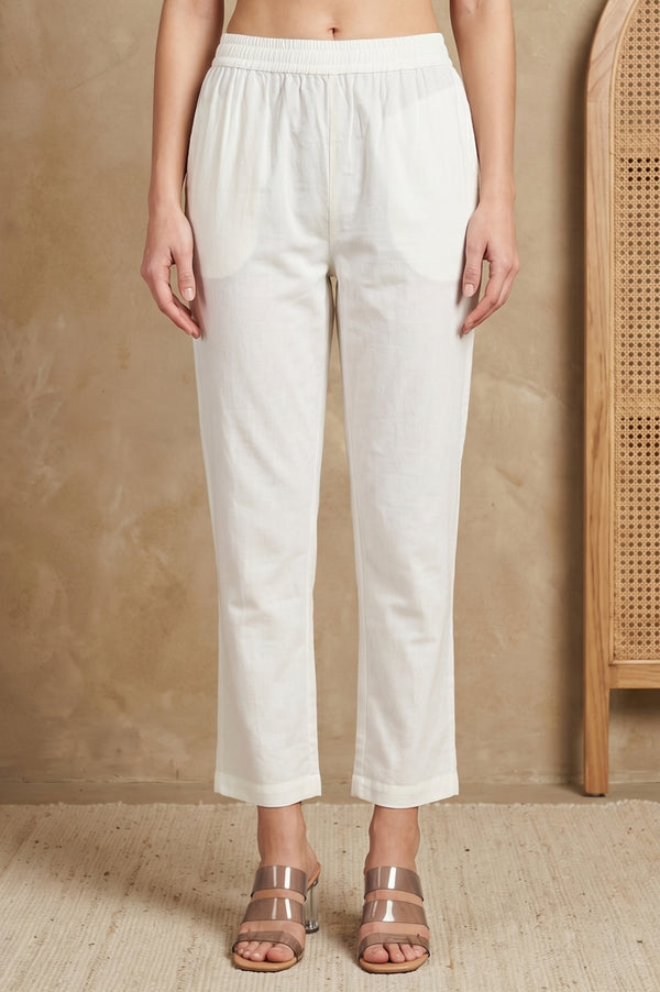White Solid Pure Cotton Straight Fit Pants