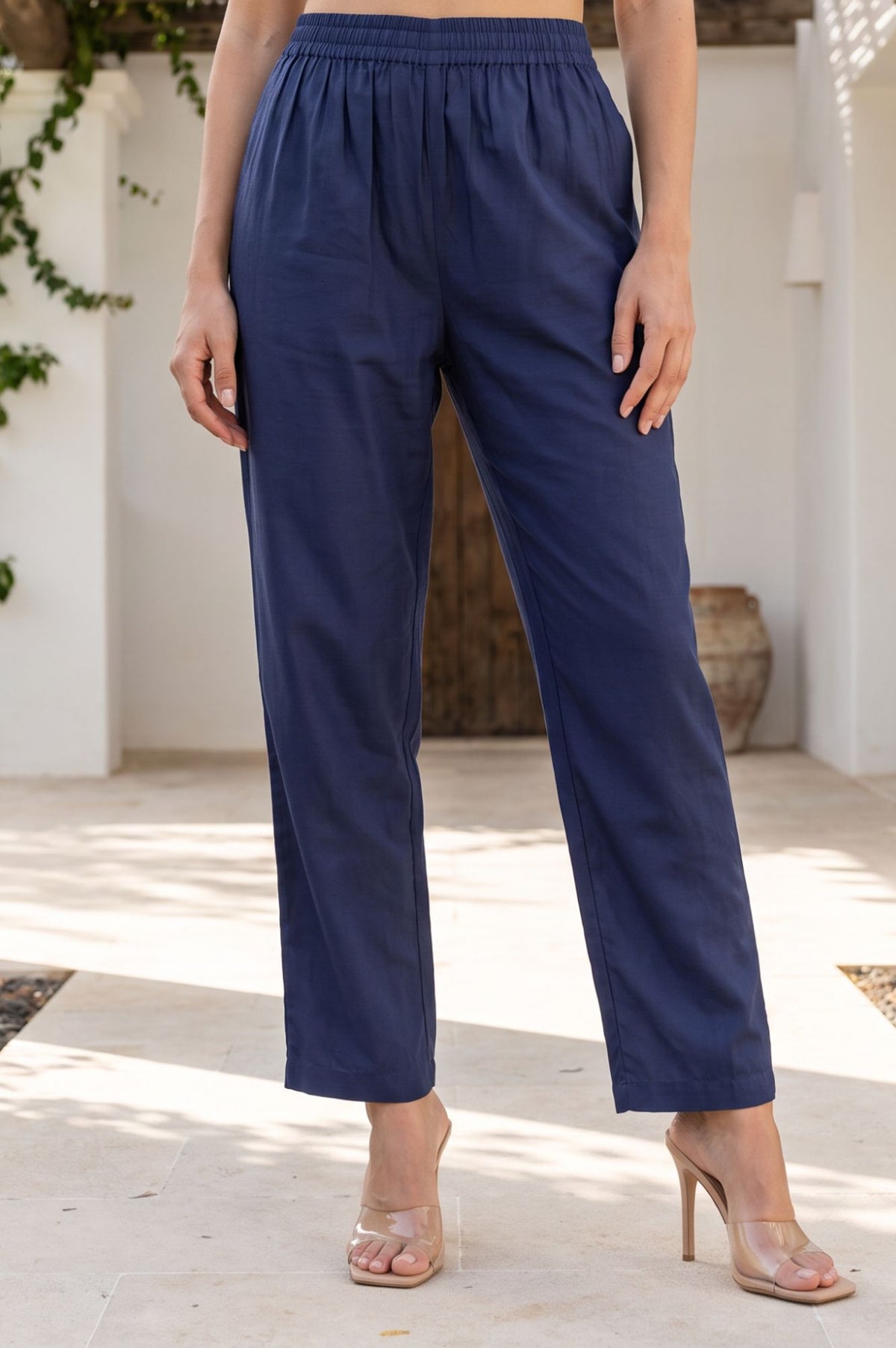 Navy Blue Solid Tape Straight Fit Ankle Length Mid Rise Pants