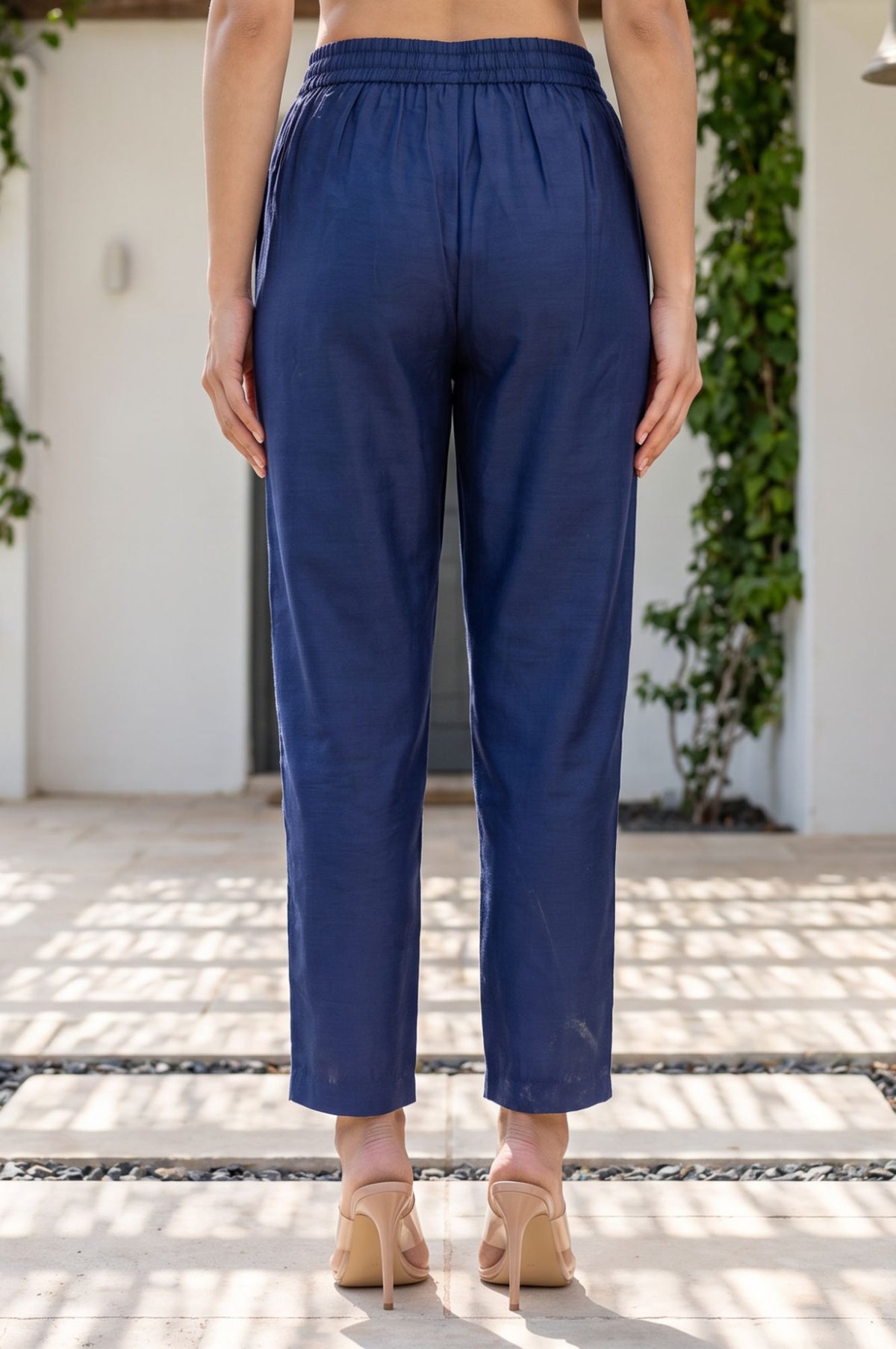 Navy Blue Solid Tape Straight Fit Ankle Length Mid Rise Pants