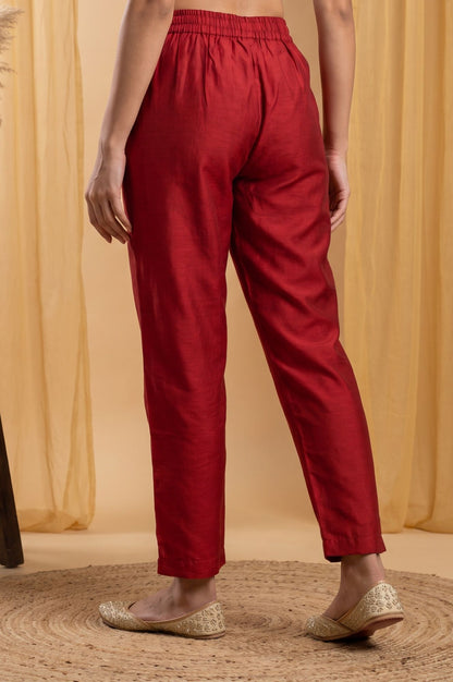 Red Solid Chanderi Straight Fit Ankle Lengt Straight Pants