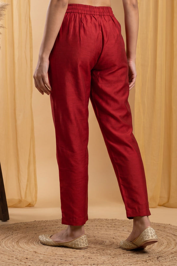 Red Solid Chanderi Straight Fit Ankle Lengt Straight Pants
