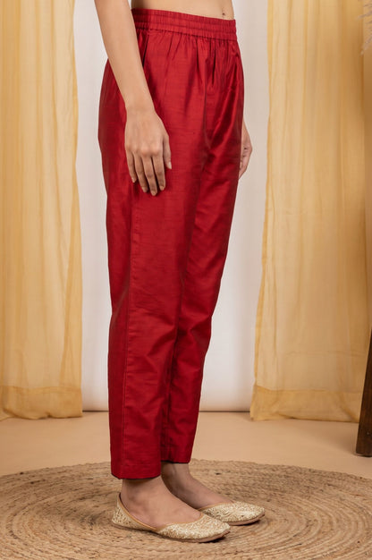 Red Solid Chanderi Straight Fit Ankle Lengt Straight Pants