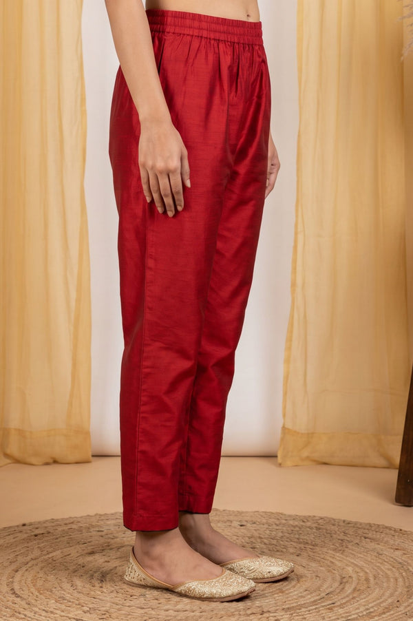 Red Solid Chanderi Straight Fit Ankle Lengt Straight Pants