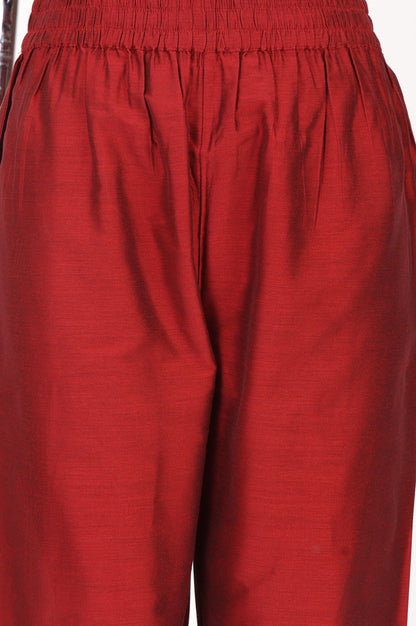 Red Solid Chanderi Straight Fit Ankle Lengt Straight Pants