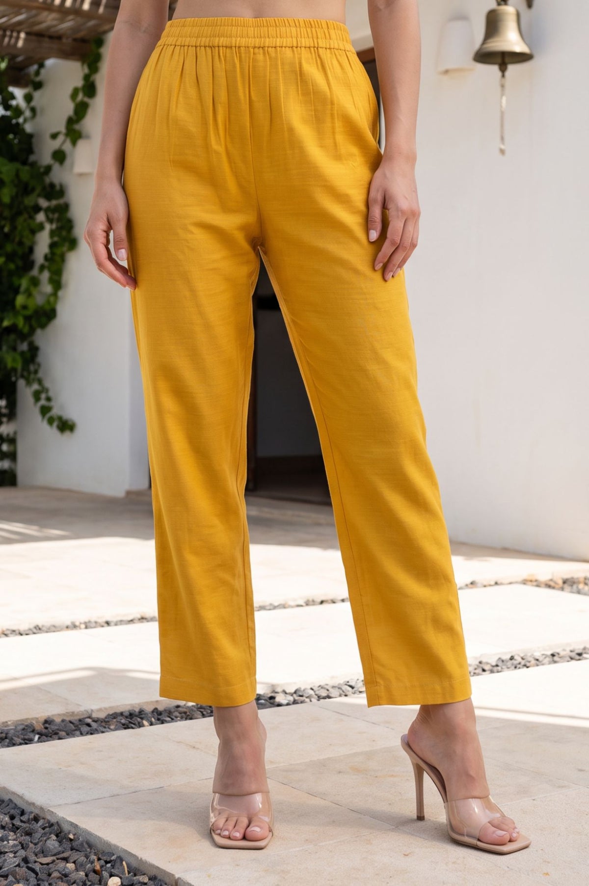 Mustard Thread Embroidered Straight Fit Ankle Length Mid Rise Pants