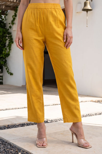Mustard Thread Embroidered Straight Fit Ankle Length Mid Rise Pants