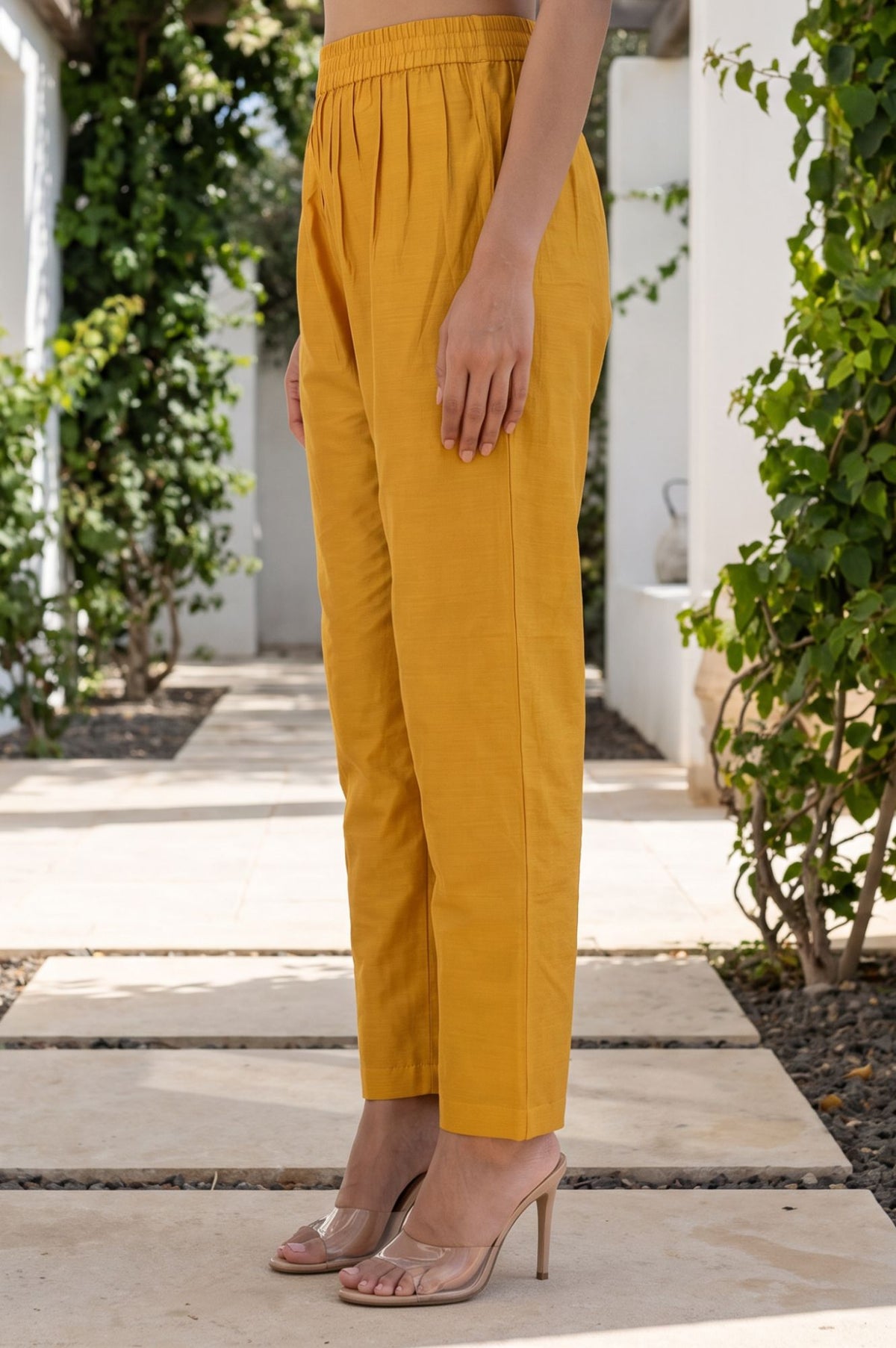 Mustard Thread Embroidered Straight Fit Ankle Length Mid Rise Pants
