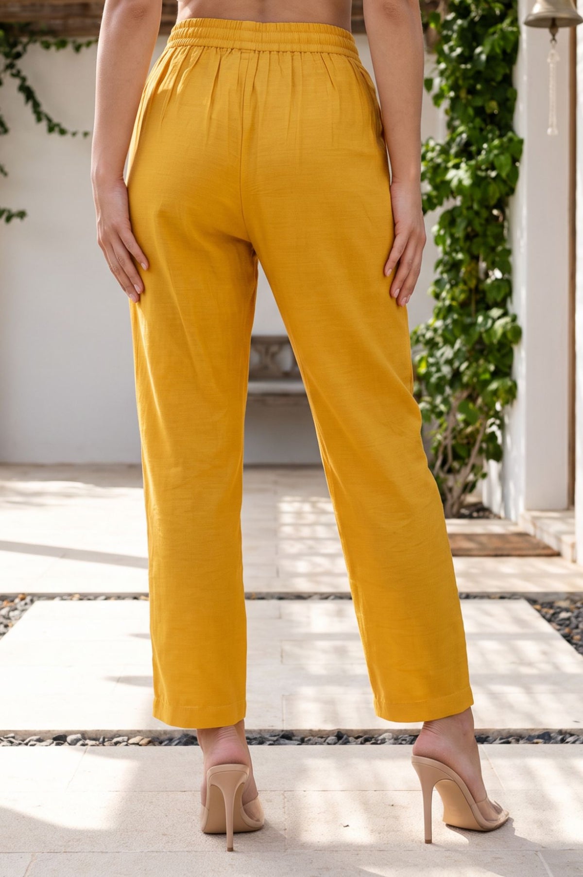 Mustard Thread Embroidered Straight Fit Ankle Length Mid Rise Pants
