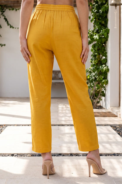 Mustard Thread Embroidered Straight Fit Ankle Length Mid Rise Pants
