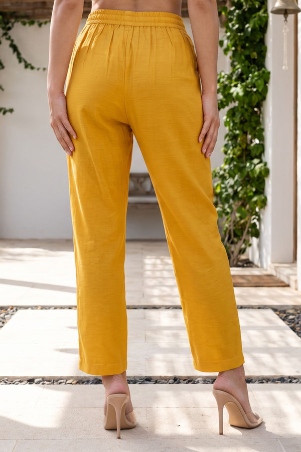 Mustard Thread Embroidered Straight Fit Ankle Length Mid Rise Pants
