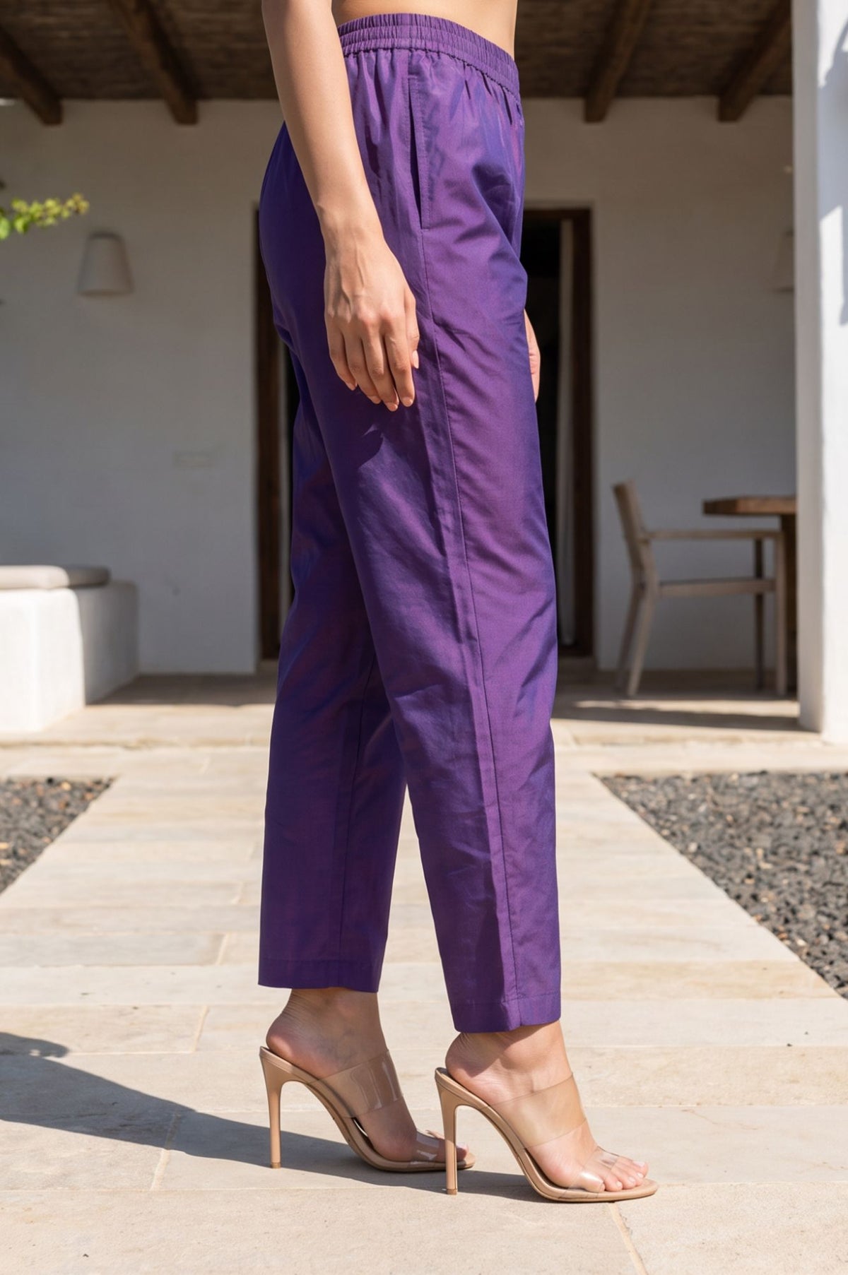 Purple Solid Tape Straight Fit Ankle Length Mid Rise Pants