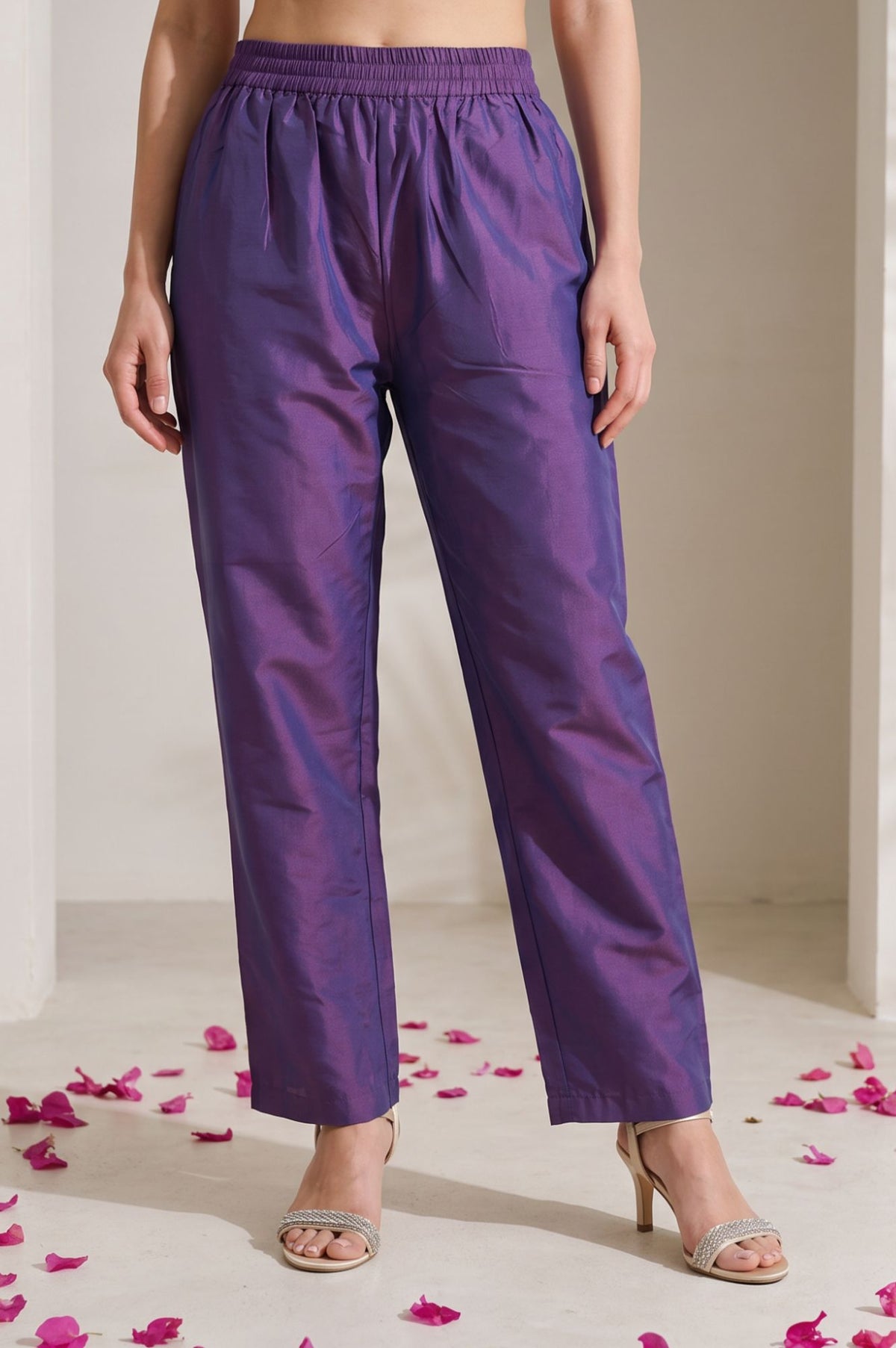 Purple Solid Ps Straight Fit Ankle Length Mid Rise Pants