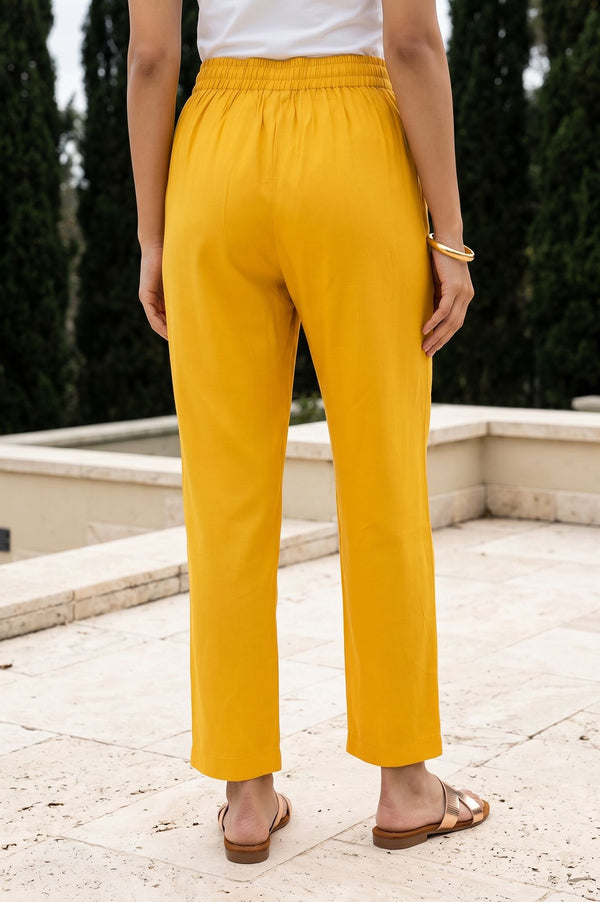 Mustard Solid Buttons Chanderi Straight Fit Crop Mid Rise Pant
