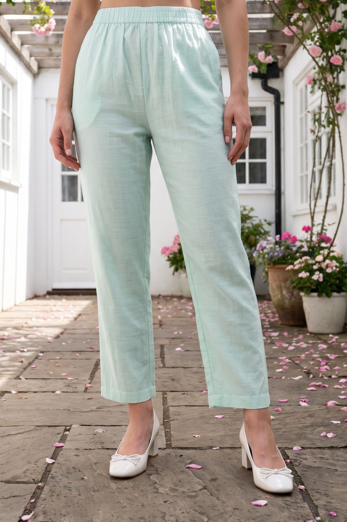 Mint Green Solid Tape Straight Fit Ankle Length Mid Rise Pants