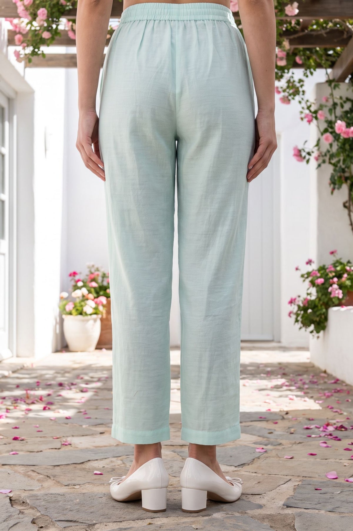 Mint Green Solid Tape Straight Fit Ankle Length Mid Rise Pants