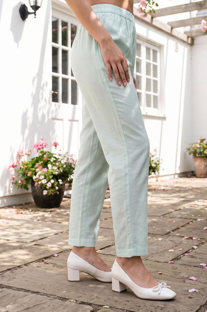 Mint Green Solid Tape Straight Fit Ankle Length Mid Rise Pants