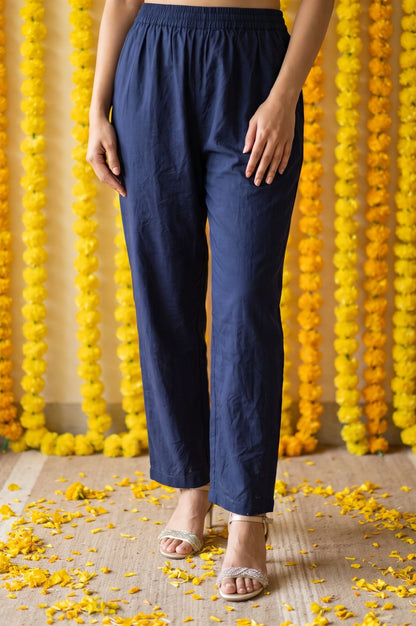 Navy Blue Solid Cotton Flax Straight Fit Ankle Length Pants