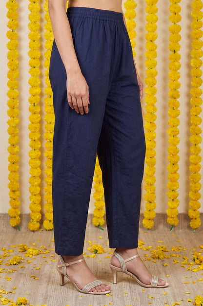 Navy Blue Solid Cotton Flax Straight Fit Ankle Length Pants