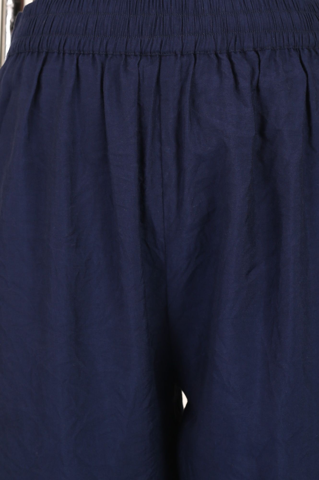 Navy Blue Solid Cotton Flax Straight Fit Ankle Length Pants