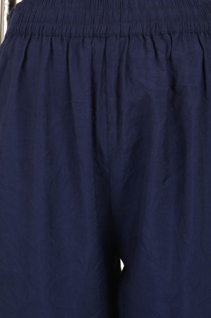 Navy Blue Solid Cotton Flax Straight Fit Ankle Length Pants