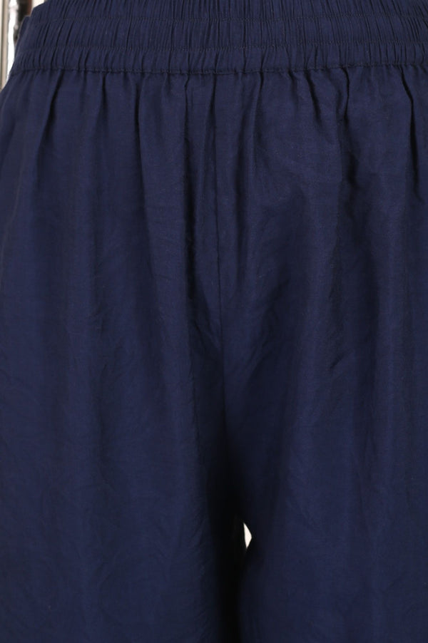 Navy Blue Solid Cotton Flax Straight Fit Ankle Length Pants