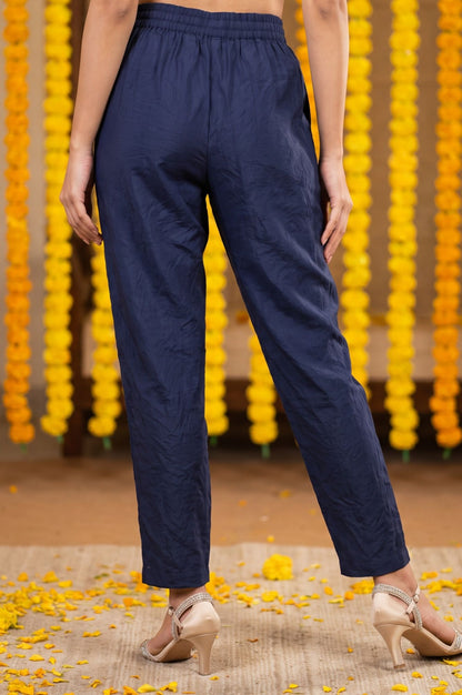 Navy Blue Solid Cotton Flax Straight Fit Ankle Length Pants