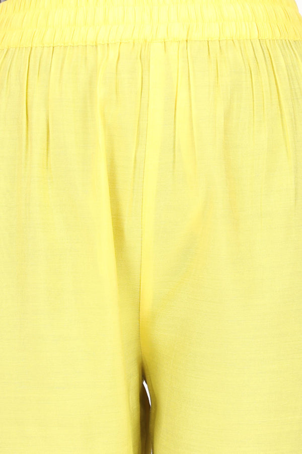 Yellow Solid Buttons Faux Chanderi Straight Fit Ankle Length Mid Rise Pants