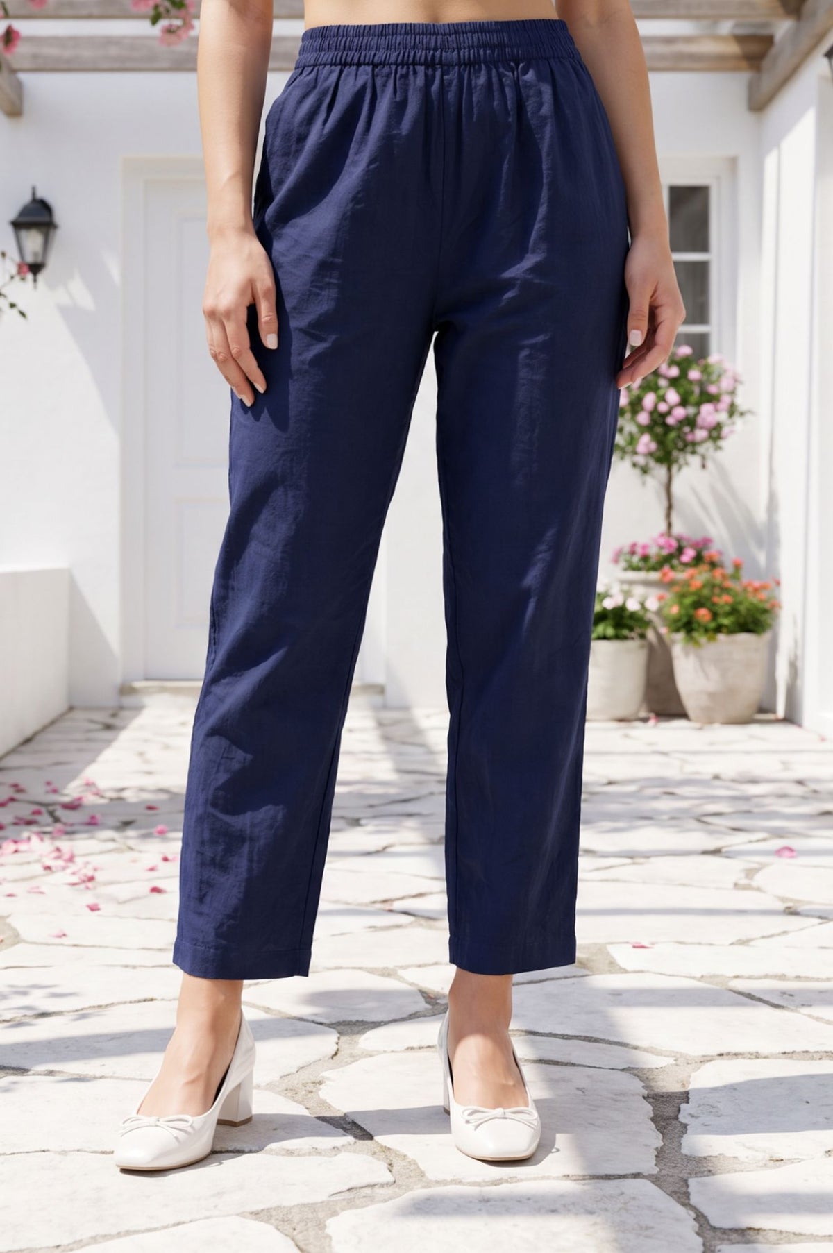 Navy Blue Buttons Solid Faux Chanderi Straight Fit Ankle Length Mid Rise Pants