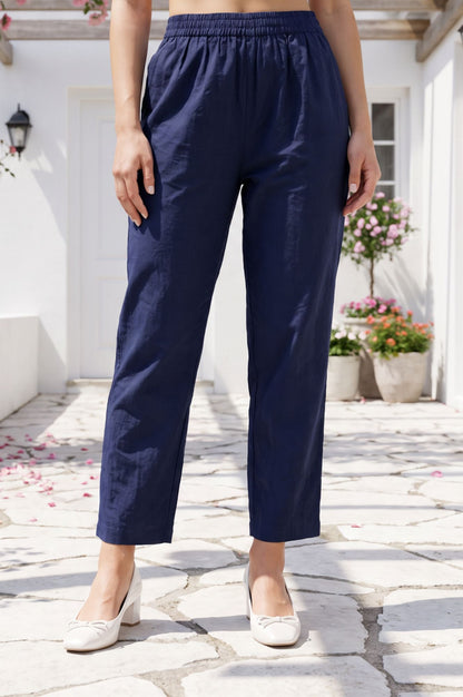Navy Blue Buttons Solid Faux Chanderi Straight Fit Ankle Length Mid Rise Pants