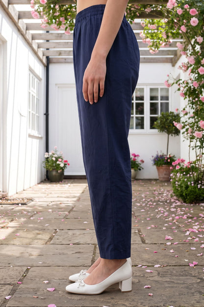 Navy Blue Buttons Solid Faux Chanderi Straight Fit Ankle Length Mid Rise Pants
