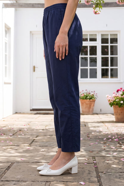 Navy Blue Buttons Solid Faux Chanderi Straight Fit Ankle Length Mid Rise Pants