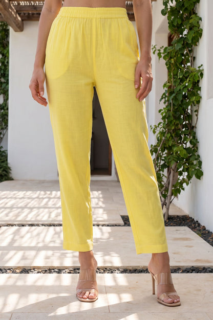 Yellow Solid Tape Straight Fit Ankle Length Mid Rise Pants