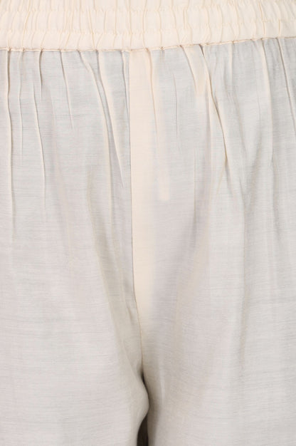 Off White Thread Embroidered Faux Chanderi Straight Fit Ankle Length Mid Rise Pants