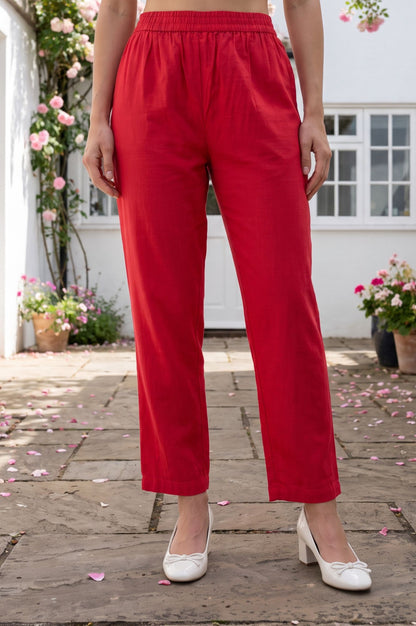 Red Solid Tape Faux Chanderi Straight Fit Ankle Length Mid Rise Pants