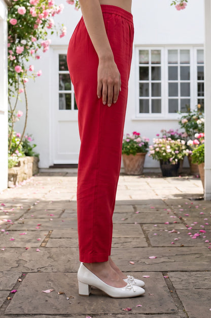 Red Solid Tape Faux Chanderi Straight Fit Ankle Length Mid Rise Pants
